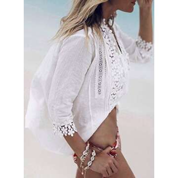 Elapsy Womens Summer Sexy Lace Crochet V Neck 3/4 Sleeve Button Down Shirts Casual Loose Fit Blouses Tops White Medium