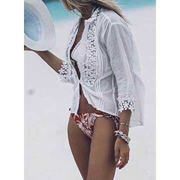 Elapsy Womens Summer Sexy Lace Crochet V Neck 3/4 Sleeve Button Down Shirts Casual Loose Fit Blouses Tops White Medium