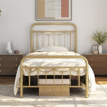 Yaheetech Twin Size Metal Bed Frames with Vintage Headboard and Footboard, Farmhouse Metal Platform ...