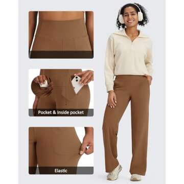 G4Free Wide Leg Pants Woman Yoga Pants with Pockets Loose Casual Stretch Sweatpants (Dark Coffee,S,31")