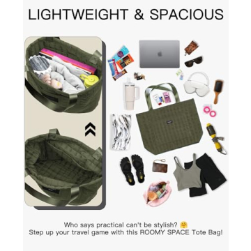 SATIN SAINT Large Quilted Tote Bag, 35L Big Lightweight Tote Bag for Women Men Unisex, Carry-On Shoulder Bag Overnight Weekender Travel Bags, Yoga Gym Bag Totebag, Armygreen