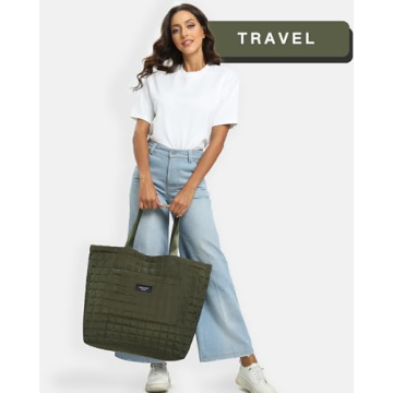 SATIN SAINT Large Quilted Tote Bag, 35L Big Lightweight Tote Bag for Women Men Unisex, Carry-On Shoulder Bag Overnight Weekender Travel Bags, Yoga Gym Bag Totebag, Armygreen