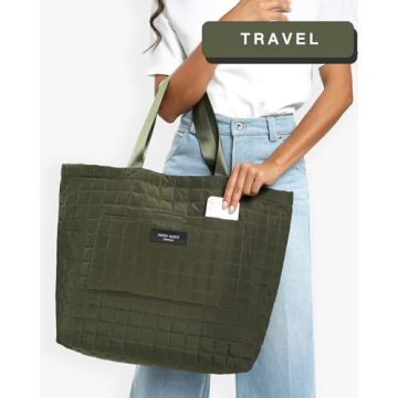 SATIN SAINT Large Quilted Tote Bag, 35L Big Lightweight Tote Bag for Women Men Unisex, Carry-On Shoulder Bag Overnight Weekender Travel Bags, Yoga Gym Bag Totebag, Armygreen