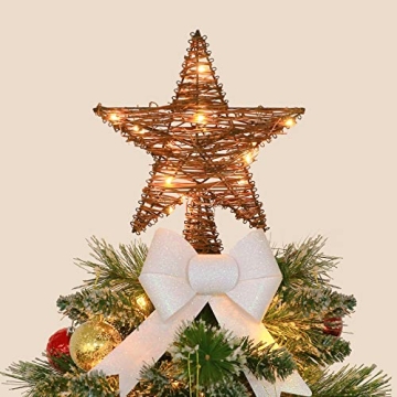 Christmas Tree Topper,Lighted Rattan Star Tree topper with 15 LED Lights for Christmas Tree and Holi...