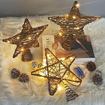 Christmas Tree Topper,Lighted Rattan Star Tree topper with 15 LED Lights for Christmas Tree and Holiday Seasonal Decoration (Thin)