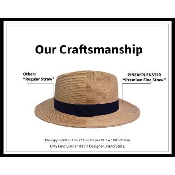 Pineapple&Star Sun Straw Fedora Beach Hat Fine Braid UPF50+ for Unisex (Medium, Brown)
