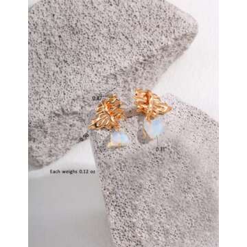 N9NEMUSES White Opal Earrings for Women, 18K Dainty Gold Hypoallergenic Drop Dangle Earrings with Abstract Wing Pattern