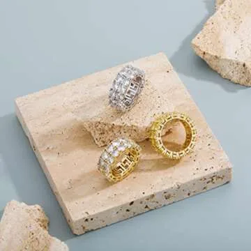 TOPGRILLZ Engagement Ring Men Gold Ring Cubic Zirconia Silver Ring Diamond Rings for Women 9mm Iced out 14K Gold Plated 2 Rows Round Cut Eternity Chunky Ring（Silver,12