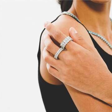 TOPGRILLZ Engagement Ring Men Gold Ring Cubic Zirconia Silver Ring Diamond Rings for Women 9mm Iced out 14K Gold Plated 2 Rows Round Cut Eternity Chunky Ring（Silver,12