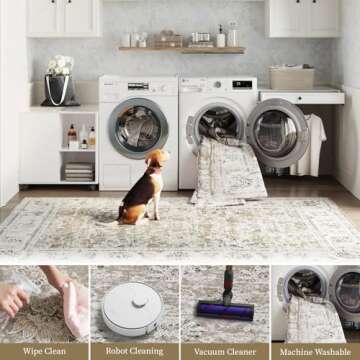 jinchan Vintage Floral 8x10 Area Rugs for Living Room - Machine Washable Distressed Design Stain Resistant Boho Carpet Low Pile Non-Slip Rug for Bedroom Dining Room Home Office (8‘x10',Taupe)