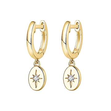 PAVOI 14K Yellow Gold Plated 925 Sterling Silver Post Huggie With Dangle | Small Gold Hinged Hoop Earrings For Women | Trendy Starbusrst Dangle Hoop Earrings | CZ Huggie Earrings