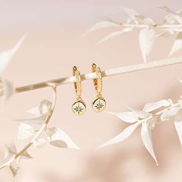 PAVOI 14K Yellow Gold Plated 925 Sterling Silver Post Huggie With Dangle | Small Gold Hinged Hoop Earrings For Women | Trendy Starbusrst Dangle Hoop Earrings | CZ Huggie Earrings