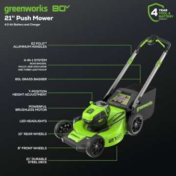 Greenworks 80V 21" Brushless Cordless (Push) Lawn Mower (LED Headlight + Aluminum Handles), 4.0Ah Ba...