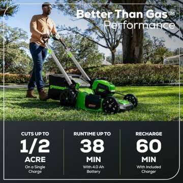 Greenworks 80V 21" Brushless Cordless (Push) Lawn Mower (LED Headlight + Aluminum Handles), 4.0Ah Battery and Rapid Charger Included (75+ Compatible Tools)