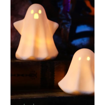 AOMOONOA 3PC Ceramic Ghost LED Lights for Halloween Decor