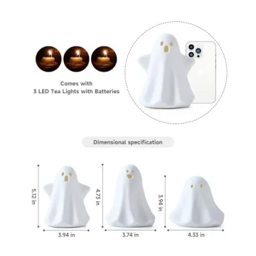 AOMOONOA 3PC Ceramic Ghost LED Lights for Halloween Decor