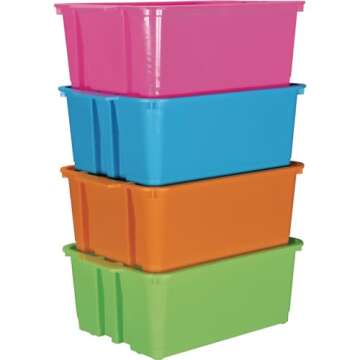 Really Good Stuff Stacking Bins, 14" x 10" x 5 ¾" - 4 Pack, Neon Stackable Storage Plastic Bins for Classroom Organization, Home Storage, Office & Hospital Supplies