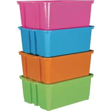 Really Good Stuff Stacking Bins, 14" x 10" x 5 ¾" - 4 Pack, Neon Stackable Storage Plastic Bins for Classroom Organization, Home Storage, Office & Hospital Supplies