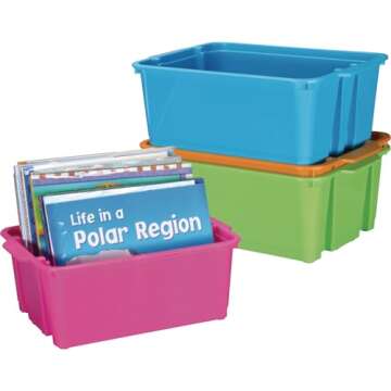 Really Good Stuff Stacking Bins, 14" x 10" x 5 ¾" - 4 Pack, Neon Stackable Storage Plastic Bins for Classroom Organization, Home Storage, Office & Hospital Supplies