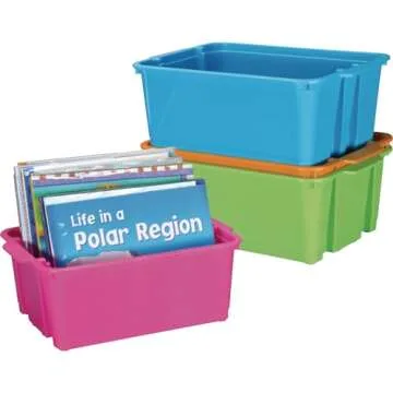 Really Good Stuff Stacking Bins, 14" x 10" x 5 ¾" - 4 Pack, Neon Stackable Storage Plastic Bins for Classroom Organization, Home Storage, Office & Hospital Supplies