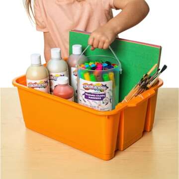 Really Good Stuff Stacking Bins, 14" x 10" x 5 ¾" - 4 Pack, Neon Stackable Storage Plastic Bins for Classroom Organization, Home Storage, Office & Hospital Supplies