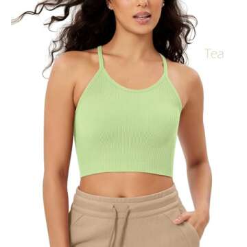 ODODOS Women's Crop 3-Pack Seamless Rib-Knit Camisole Crop Tank Tops, Tea+Custard+Serenity, X-Small/Small