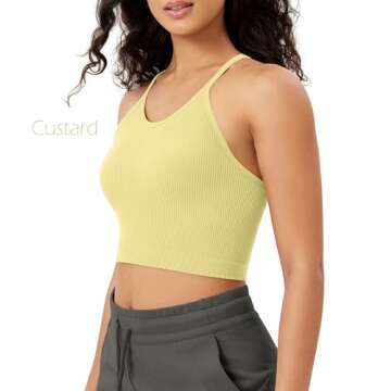 ODODOS Women's Crop 3-Pack Seamless Rib-Knit Camisole Crop Tank Tops, Tea+Custard+Serenity, X-Small/Small