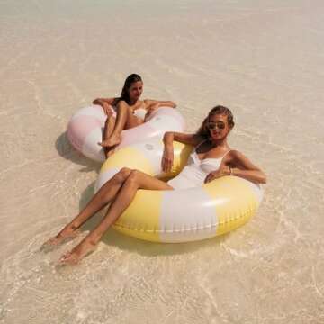 FUNBOY Giant Vintage Yellow Stripe Inflatable Tube Pool Float with Cup Holder 48" | Large Pool Float for Adults | Inner Tube Swimming Pool Toys Swim Rings | Pool Lounger Float for Pool Party & Summer