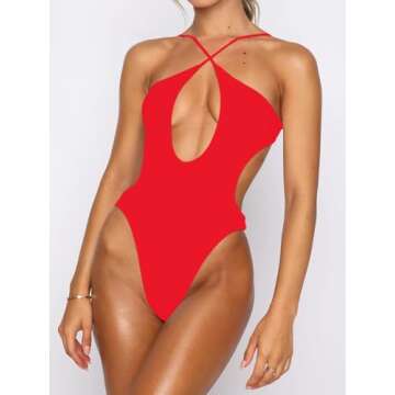 Roevite Women's Sexy Criss Cross Plunge One Piece Swimsuit Halter Neck Padded Swimwear Cut Out Bathi...