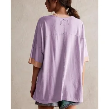 Songling Womens 3/4 Length Sleeve Casual Loose Fit Summer Tee Shirt Basics Cotton t Shirts Trendy Tops(Purple,L)