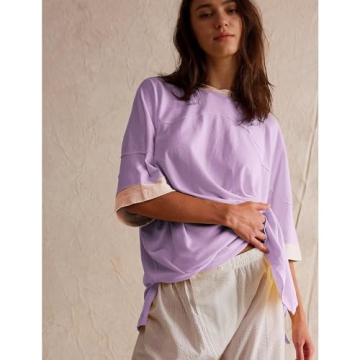 Songling Womens 3/4 Length Sleeve Casual Loose Fit Summer Tee Shirt Basics Cotton t Shirts Trendy Tops(Purple,L)