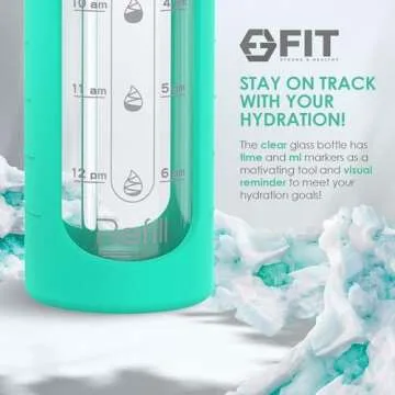FIT Strong & Healthy 32 oz Glass Water Bottle with Time Marker & Silicone Sleeve - w/Handle & 2 Leakproof Lids Straw & Spout Lid, Wide Mouth, BPA Free 1 Liter Motivational Drinking Bottle, Seafoam