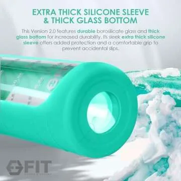 FIT Strong & Healthy 32 oz Glass Water Bottle with Time Marker & Silicone Sleeve - w/Handle & 2 Leakproof Lids Straw & Spout Lid, Wide Mouth, BPA Free 1 Liter Motivational Drinking Bottle, Seafoam