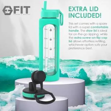 FIT Strong & Healthy 32 oz Glass Water Bottle with Time Marker & Silicone Sleeve - w/Handle & 2 Leakproof Lids Straw & Spout Lid, Wide Mouth, BPA Free 1 Liter Motivational Drinking Bottle, Seafoam