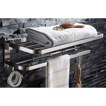 ELLO&ALLO Stainless Steel Towel Racks for Bathroom Shelf Double Towel Bar Holder with Hooks Wall Mounted Multifunctional Foldable Brushed Nickel