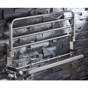 ELLO&ALLO Stainless Steel Towel Racks for Bathroom Shelf Double Towel Bar Holder with Hooks Wall Mounted Multifunctional Foldable Brushed Nickel