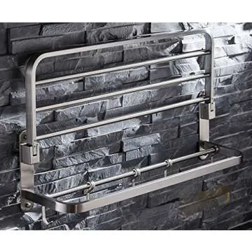 ELLO&ALLO Stainless Steel Towel Racks for Bathroom Shelf Double Towel Bar Holder with Hooks Wall Mounted Multifunctional Foldable Brushed Nickel