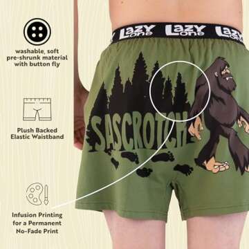 Lazy One Funny Animal Boxers, Novelty Boxer Shorts, Humorous Underwear, Gag Gifts for Men (Sascrotch, Large)