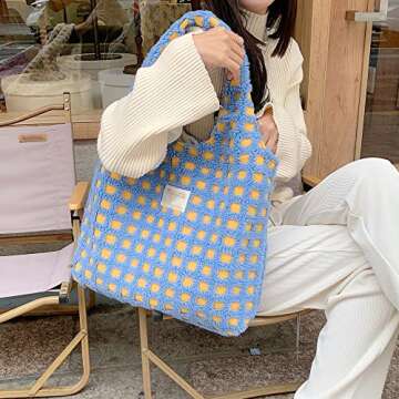 Aisi Women Ladies Cute Bear Plush Shoulder Bag Large Tote Handbag Purse Faux Fur Shopping Dating Bag