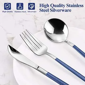 VANVRO Mirror Silver Blue Silverware Set, 20-Piece Stainless Steel Flatware Set, Satin Finish tableware Cutlery Set, Service for 4, Home and Restaurant, Dishwasher Safe