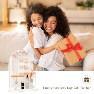 ProCase Cute Jewelry Organizer Stand Earring Holder Organizer for Dorm, Aesthetic Necklace Stand with 6 Removable Wood Hooks, Small Jewelry Display Rack with Bottom Tray for Bracelets Rings -White