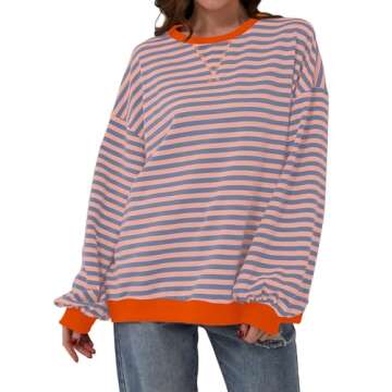 TERIVEEK Women Oversized Striped Color Block Long Sleeve Crew Neck Sweatshirt Casual Loose Pullover ...