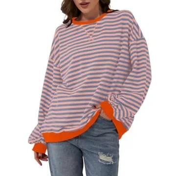 TERIVEEK Women Oversized Striped Color Block Long Sleeve Crew Neck Sweatshirt Casual Loose Pullover Y2K Shirt Top Pink Blue