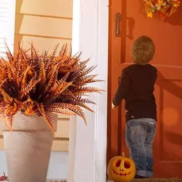 ZEOSTARO 12 Bundles Artificial Fall Plants, Fake Boston Fern Greenery Outdoor UV Resistant No Fade Faux Plastic Plants Garden Porch Window Box Decorating（Fall Boston Fern