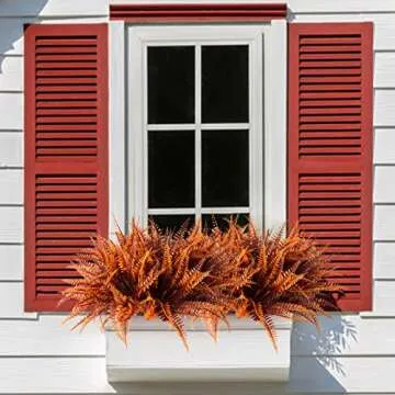 ZEOSTARO 12 Bundles Artificial Fall Plants, Fake Boston Fern Greenery Outdoor UV Resistant No Fade Faux Plastic Plants Garden Porch Window Box Decorating（Fall Boston Fern
