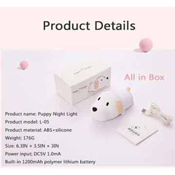 HAPPYBAG Kids Night Light,Cute Soft Silicone Dog Lamp Dimmable Nursery Portable Puppy Kawaii Lamps,Bedside Lamp for Baby and Toddler,Boy Girls