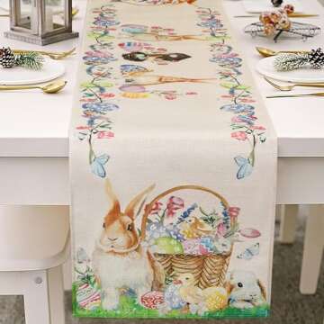 Linen Happy Easter Egg Rabbit Table Runner, Flower Bunny Ears Gnomes Table Decorations for Indoor Ou...
