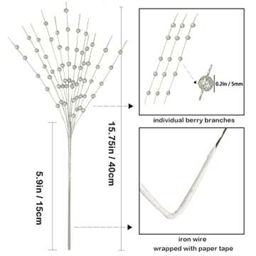 efivs arts 10 Pack Silver Artificial Glitter Berry Stems 15.7" Fake Christmas Picks Decorative Glitt...