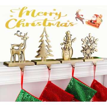 WENFOME Christmas Stocking Holders for Mantel, 4pc Holiday Stocking Hangers, Snowflake Snowman Reindeer Christmas Tree Stocking Hook Set, Alloy Weighted Non-Skid Stocking Hook for Xmas Fireplace Decor
