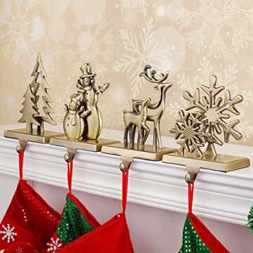 WENFOME Christmas Stocking Holders for Mantel, 4pc Holiday Stocking Hangers, Snowflake Snowman Reindeer Christmas Tree Stocking Hook Set, Alloy Weighted Non-Skid Stocking Hook for Xmas Fireplace Decor